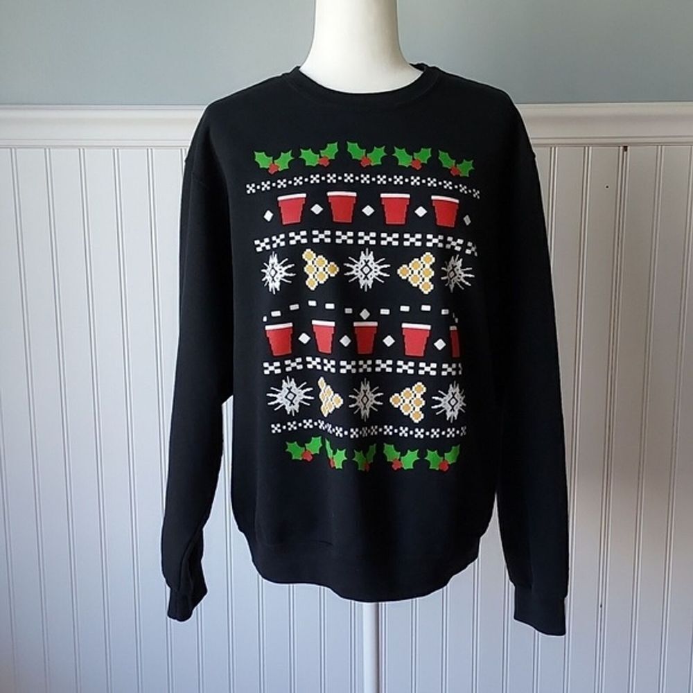Jerzees Cup Beer Pong Christmas Holiday Sweatshirt‎ Medium Black Novelty Funny